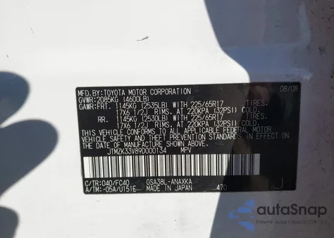 2009 Toyota Rav4 Base V6 from USA, damaged, VIN JTMZK33V89D000134